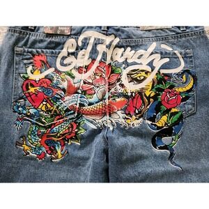 Ed Hardy Multi‎ Tattoo Low Waist Baggy Jeans Women's Size 32 Painted Logo Koi